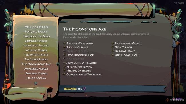 Player inspects remaining Weapon Upgrades on the Fated List for the Moo<em></em>nstone Axe in Hades 2.
